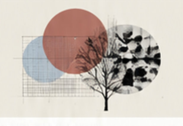 Illustration of a bare tree over a faint grid, overlaid with rust-red, pale blue and black-spotted circles