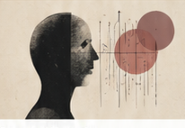 Illustration of a head in profile facing two overlapping rust-red circles and a cluster of thin vertical lines